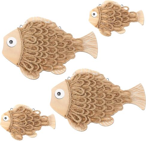 Novabright 4 Pcs Rustic Wooden Fish Wall Decor - Handmade Nautical Coastal Theme Art, Perfect for Farmhouse & Summer Vibes for Wall, Bedroom, Bathroom, Living Room & Balcony Decor in Kuwait
