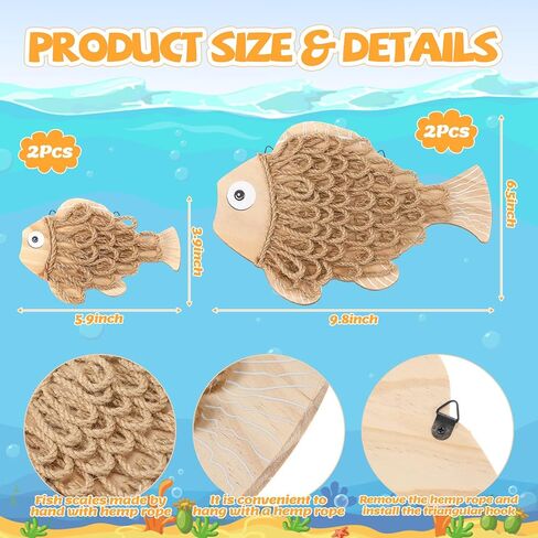 Novabright 4 Pcs Rustic Wooden Fish Wall Decor - Handmade Nautical Coastal Theme Art, Perfect for Farmhouse & Summer Vibes for Wall, Bedroom, Bathroom, Living Room & Balcony Decor in Kuwait