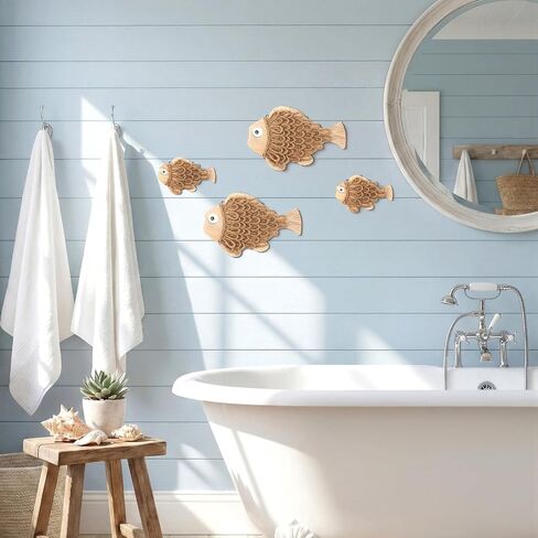 Novabright 4 Pcs Rustic Wooden Fish Wall Decor - Handmade Nautical Coastal Theme Art, Perfect for Farmhouse & Summer Vibes for Wall, Bedroom, Bathroom, Living Room & Balcony Decor in Kuwait