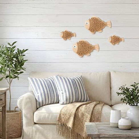Novabright 4 Pcs Rustic Wooden Fish Wall Decor - Handmade Nautical Coastal Theme Art, Perfect for Farmhouse & Summer Vibes for Wall, Bedroom, Bathroom, Living Room & Balcony Decor in Kuwait