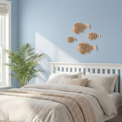 Novabright 4 Pcs Rustic Wooden Fish Wall Decor - Handmade Nautical Coastal Theme Art, Perfect for Farmhouse & Summer Vibes for Wall, Bedroom, Bathroom, Living Room & Balcony Decor in Kuwait