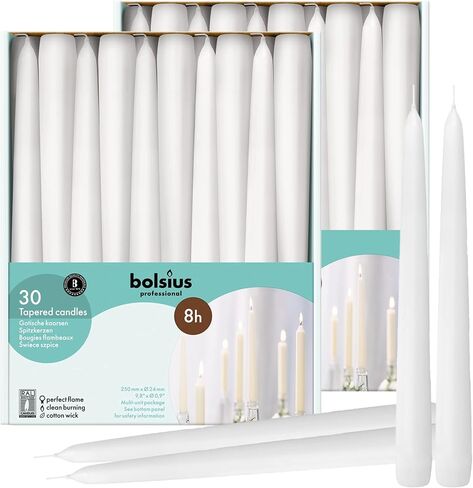 BOLSIUS Long White Taper Candles - Bulk Pack of 30 Count - 10-inch Unscented Household Candlesticks - Premium European Quality Wax - 8 Hour Long Burning Candles for Home Décor, Weddings & Parties in Saudi Arabia