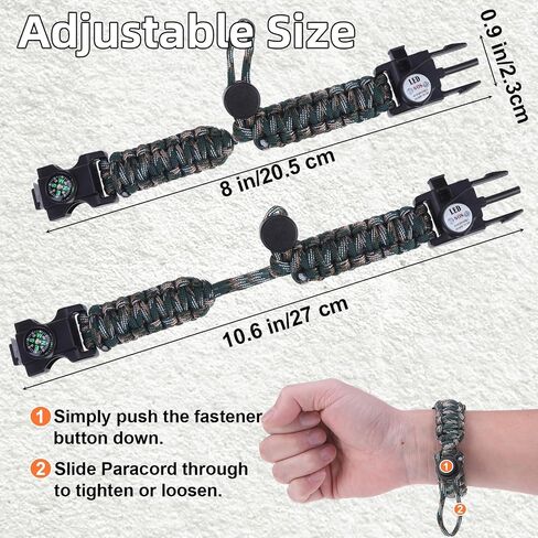 Adjustable Survival Paracord Bracelet, 2 Pack Emergency Fire Starter Kit with Loud Whistle Compass Light Flint Steel for Hiking Fishing Hunting, Tactical Gear Equipment Multitools in Kuwait