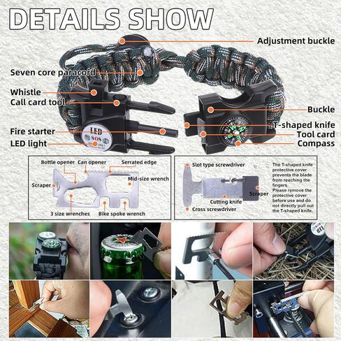 Adjustable Survival Paracord Bracelet, 2 Pack Emergency Fire Starter Kit with Loud Whistle Compass Light Flint Steel for Hiking Fishing Hunting, Tactical Gear Equipment Multitools in Kuwait