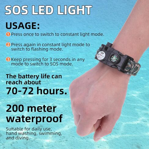 Adjustable Survival Paracord Bracelet, 2 Pack Emergency Fire Starter Kit with Loud Whistle Compass Light Flint Steel for Hiking Fishing Hunting, Tactical Gear Equipment Multitools in Kuwait