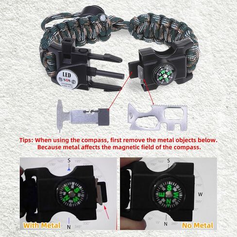 Adjustable Survival Paracord Bracelet, 2 Pack Emergency Fire Starter Kit with Loud Whistle Compass Light Flint Steel for Hiking Fishing Hunting, Tactical Gear Equipment Multitools in Kuwait