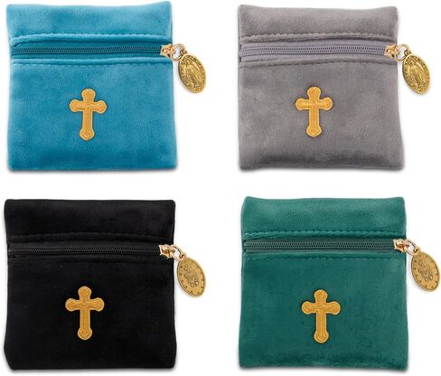 4 PCS Velvet Rosary Case with Zipper - Premium Small Catholic Rosary Pouches, Gold Cross Bag for Women, Ideal Religious Travel Case for Jewelry & Gifts in Saudi Arabia