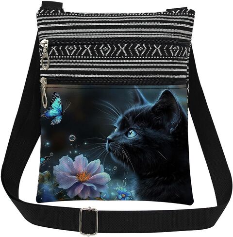 Black Cat Blue Butterfly Adjustable Strap Crossbody Bag Flowers with Black Kitty Print for Animal Lover Messenger Bag Daily Use Zipper Purse Christmas Birthday Gift for Cat Lover in Saudi Arabia