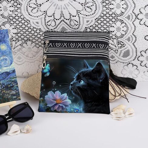 Black Cat Blue Butterfly Adjustable Strap Crossbody Bag Flowers with Black Kitty Print for Animal Lover Messenger Bag Daily Use Zipper Purse Christmas Birthday Gift for Cat Lover in Saudi Arabia