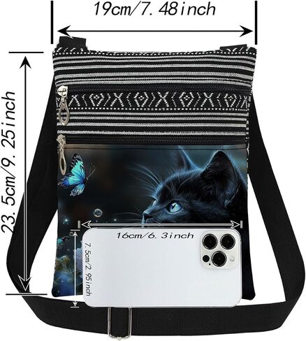 Black Cat Blue Butterfly Adjustable Strap Crossbody Bag Flowers with Black Kitty Print for Animal Lover Messenger Bag Daily Use Zipper Purse Christmas Birthday Gift for Cat Lover in Saudi Arabia