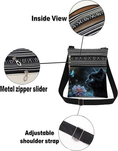 Black Cat Blue Butterfly Adjustable Strap Crossbody Bag Flowers with Black Kitty Print for Animal Lover Messenger Bag Daily Use Zipper Purse Christmas Birthday Gift for Cat Lover in Saudi Arabia
