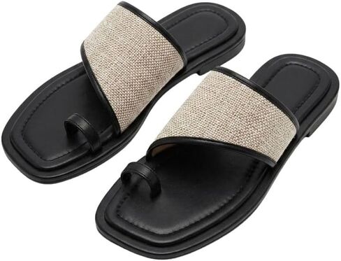 Women's Square Toe Flat Slide Sandals Straw Woven Patchwork Toe Ring Slippers Comfort Summer Beach Resort Style Slip On Shoes in Saudi Arabia