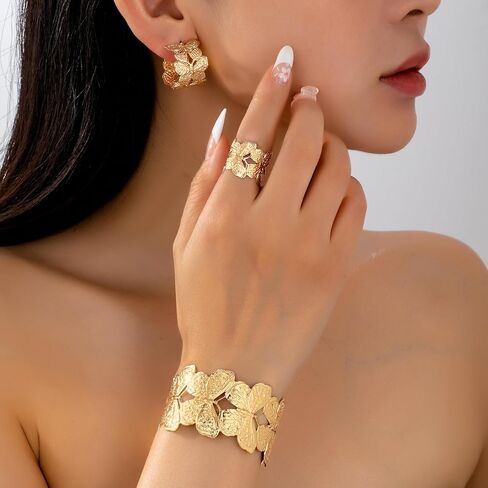 Chunky flower summer beach Cuff Bracelet for Women Adjustable Open Bangle Golden Plated, Heavy Statement Botanical Arm Jewelry Boho Nature Inspired Gift in Saudi Arabia