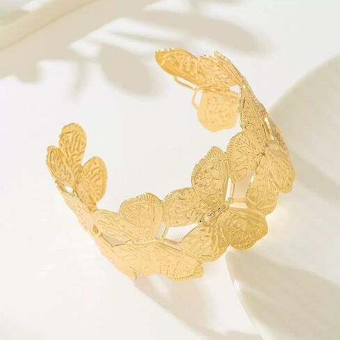 Chunky flower summer beach Cuff Bracelet for Women Adjustable Open Bangle Golden Plated, Heavy Statement Botanical Arm Jewelry Boho Nature Inspired Gift in Saudi Arabia