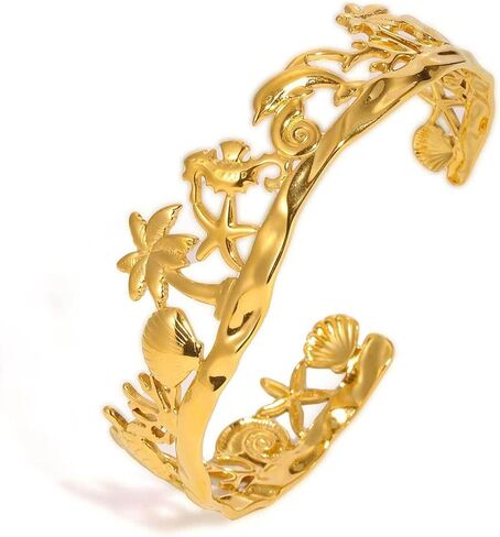Chunky flower summer beach Cuff Bracelet for Women Adjustable Open Bangle Golden Plated, Heavy Statement Botanical Arm Jewelry Boho Nature Inspired Gift in Saudi Arabia