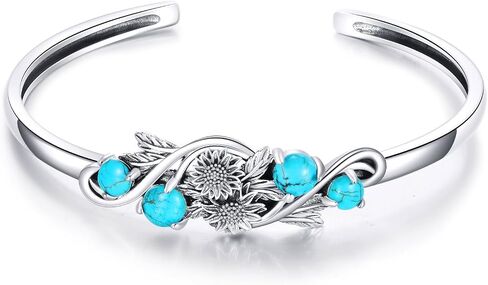 Genuine Turquoise Sunflower Bracelet, Sterling Silver Boho Adjustable Cuff Bangle Native American Jewelry for Women, Fit for 6.5 7 7.5 Inches in Kuwait