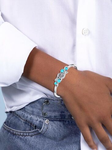 Genuine Turquoise Sunflower Bracelet, Sterling Silver Boho Adjustable Cuff Bangle Native American Jewelry for Women, Fit for 6.5 7 7.5 Inches in Kuwait