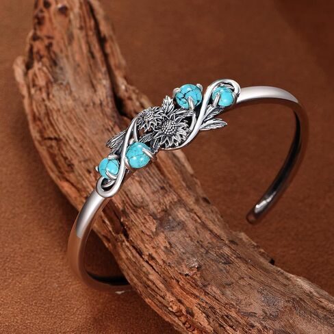 Genuine Turquoise Sunflower Bracelet, Sterling Silver Boho Adjustable Cuff Bangle Native American Jewelry for Women, Fit for 6.5 7 7.5 Inches in Kuwait