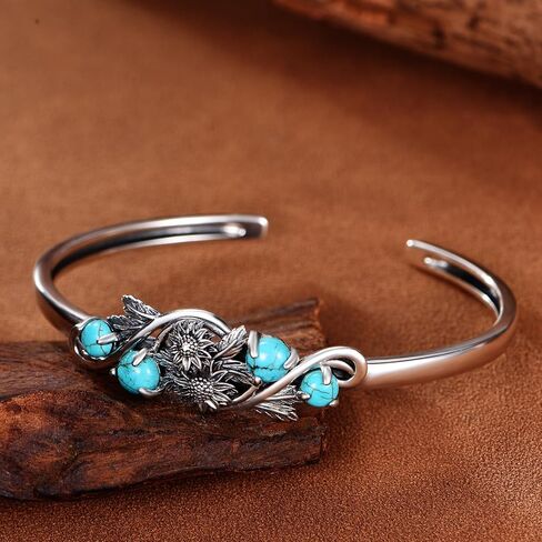 Genuine Turquoise Sunflower Bracelet, Sterling Silver Boho Adjustable Cuff Bangle Native American Jewelry for Women, Fit for 6.5 7 7.5 Inches in Kuwait