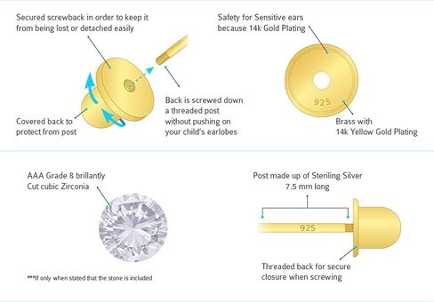 14k Gold Plated Brass Mouse Cubic Zirconia Screwback Baby Girls Earrings with Sterling Silver Post in Saudi Arabia