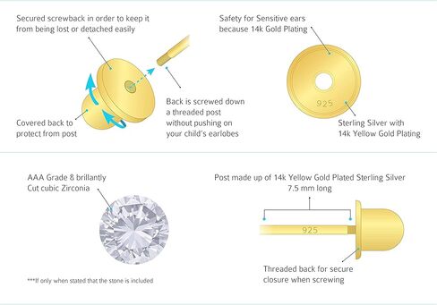 14k Gold Plated Brass Mouse Cubic Zirconia Screwback Baby Girls Earrings with Sterling Silver Post in Saudi Arabia