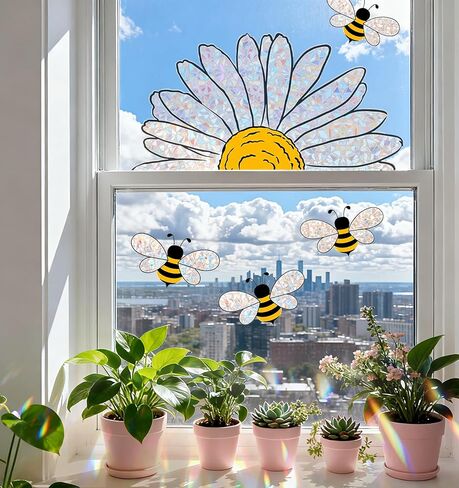 2 Pack Sunflower Window Clings, Bee Window Clings for Glass Windows, Suitable for Spring and Summer (Double-Sided) in Saudi Arabia