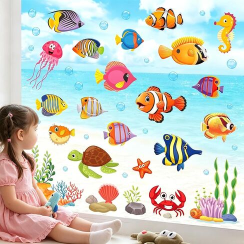 FYSUIMU 9 Sheets Summer Window Clings Under The Sea Fish Reusable Glass Decal Stickers for Ocean Party Home Office Classroom Mirror Shop Decoration in Kuwait