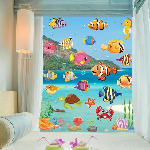 FYSUIMU 9 Sheets Summer Window Clings Under The Sea Fish Reusable Glass Decal Stickers for Ocean Party Home Office Classroom Mirror Shop Decoration in Kuwait