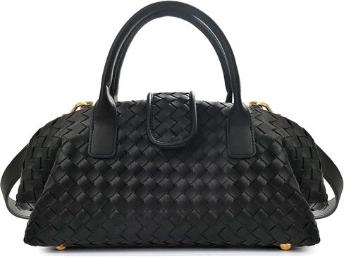 JBRUN Trendy PU Leather Woven Boston Bag Shoulder Bags for Women Top-Handle Tote Handbag Hobo Purse(Black) in Kuwait