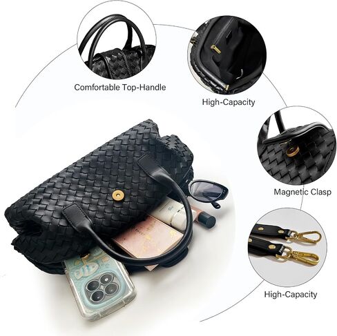 JBRUN Trendy PU Leather Woven Boston Bag Shoulder Bags for Women Top-Handle Tote Handbag Hobo Purse(Black) in Kuwait