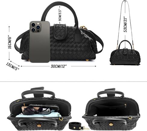 JBRUN Trendy PU Leather Woven Boston Bag Shoulder Bags for Women Top-Handle Tote Handbag Hobo Purse(Black) in Kuwait