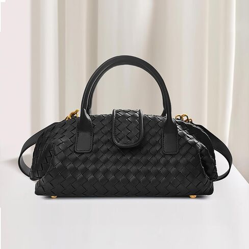 JBRUN Trendy PU Leather Woven Boston Bag Shoulder Bags for Women Top-Handle Tote Handbag Hobo Purse(Black) in Kuwait