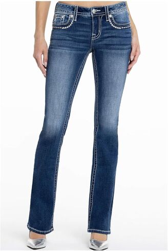 Miss Me Women's Tri-Color Metallic Saddle Stitch Faux Flap Pockets Mid-Rise Bootcut Jeans in Saudi Arabia