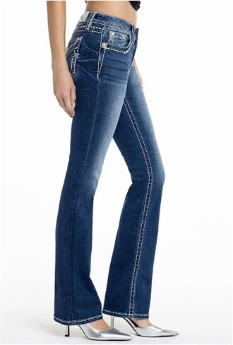 Miss Me Women's Tri-Color Metallic Saddle Stitch Faux Flap Pockets Mid-Rise Bootcut Jeans in Saudi Arabia