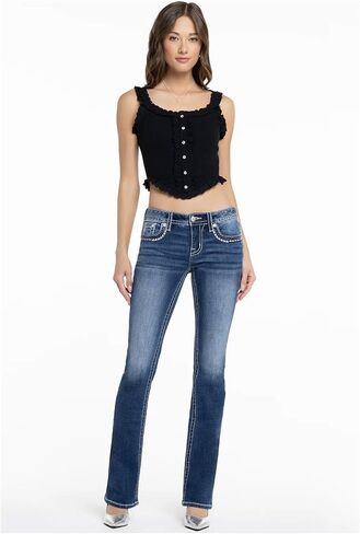 Miss Me Women's Tri-Color Metallic Saddle Stitch Faux Flap Pockets Mid-Rise Bootcut Jeans in Saudi Arabia