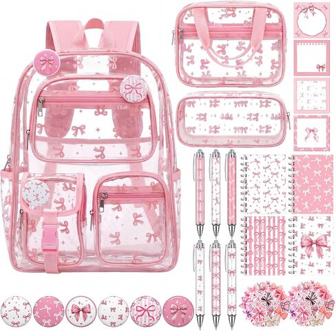 Watersay 30pcs Pink Bow Clear Backpack for Women Cute Back Layered Bag Set Heavy Duty PVC Backpack with Lunch Bag, Badge, Sticky Note, Sticker for Concert Stadium in Kuwait