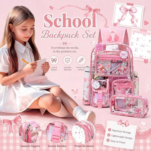 Watersay 30pcs Pink Bow Clear Backpack for Women Cute Back Layered Bag Set Heavy Duty PVC Backpack with Lunch Bag, Badge, Sticky Note, Sticker for Concert Stadium in Kuwait