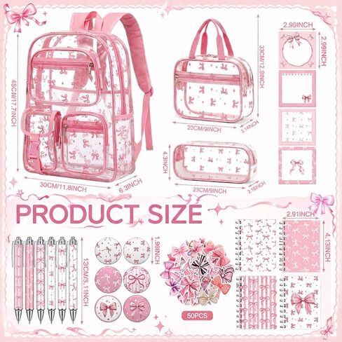 Watersay 30pcs Pink Bow Clear Backpack for Women Cute Back Layered Bag Set Heavy Duty PVC Backpack with Lunch Bag, Badge, Sticky Note, Sticker for Concert Stadium in Kuwait