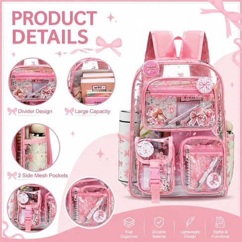 Watersay 30pcs Pink Bow Clear Backpack for Women Cute Back Layered Bag Set Heavy Duty PVC Backpack with Lunch Bag, Badge, Sticky Note, Sticker for Concert Stadium in Kuwait