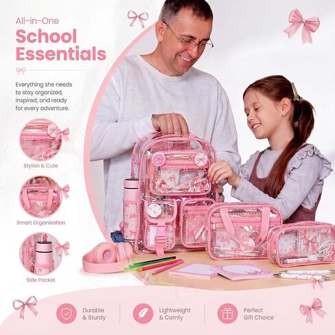 Watersay 30pcs Pink Bow Clear Backpack for Women Cute Back Layered Bag Set Heavy Duty PVC Backpack with Lunch Bag, Badge, Sticky Note, Sticker for Concert Stadium in Kuwait