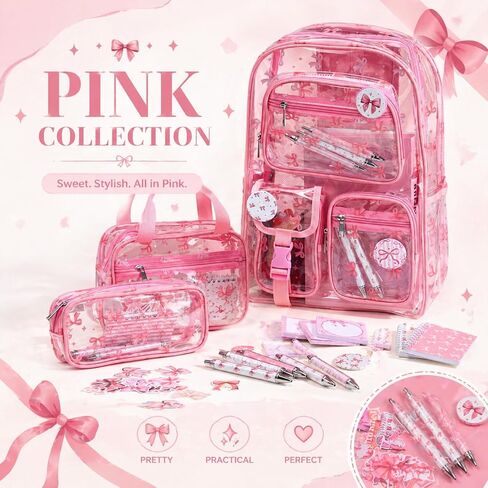Watersay 30pcs Pink Bow Clear Backpack for Women Cute Back Layered Bag Set Heavy Duty PVC Backpack with Lunch Bag, Badge, Sticky Note, Sticker for Concert Stadium in Kuwait