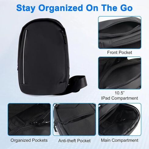 Sling Chest Backpack with USB Charging Port, Crossbody Bag for Men & Women, Waterproof Daypack for Travel, Hiking, Outdoor, Sports, Cycling, Daily Use, Black in Saudi Arabia