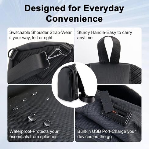 Sling Chest Backpack with USB Charging Port, Crossbody Bag for Men & Women, Waterproof Daypack for Travel, Hiking, Outdoor, Sports, Cycling, Daily Use, Black in Saudi Arabia