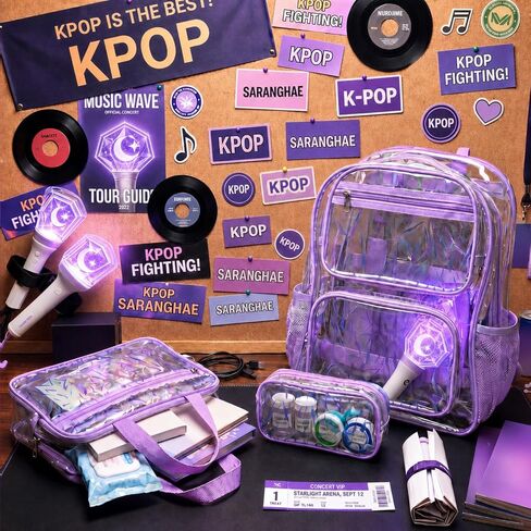 ReliThick 3 قطعة حقيبة ظهر شفافة أرجوانية Kpop مجموعة حقيبة ظهر البرق الكراك طباعة مقاومة للماء PVC البلاستيك Kpop هدية in Kuwait