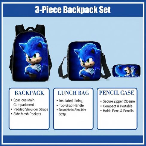 3 in 1 Sonic Backpack 17'' Large-Capacity Set With a Fashionable and Personalized Style is Exquisitely Designed and Widely Applicable, Making it an Ideal Choice in Kuwait