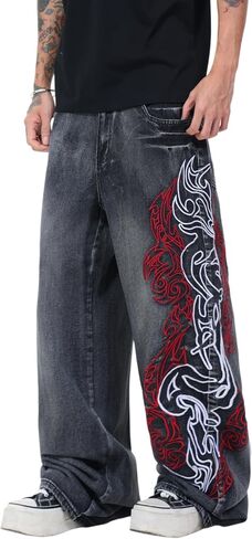 Baggy Jeans Men Wide Leg Graphic Denim Pants Vintage Washed Loose Fit Y2K Streetwear in Kuwait
