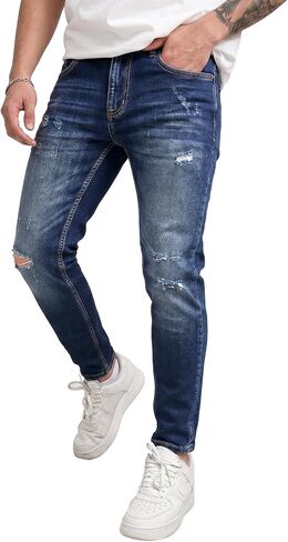 Men's Tapered Slim Fit Jeans, Distressed Stretch Denim for Casual and Work, Comfortable Material, Odor-Free in Kuwait