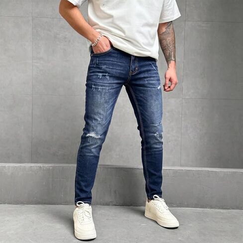 Men's Tapered Slim Fit Jeans, Distressed Stretch Denim for Casual and Work, Comfortable Material, Odor-Free in Kuwait