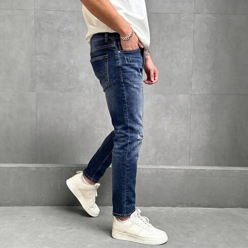 Men's Tapered Slim Fit Jeans, Distressed Stretch Denim for Casual and Work, Comfortable Material, Odor-Free in Kuwait