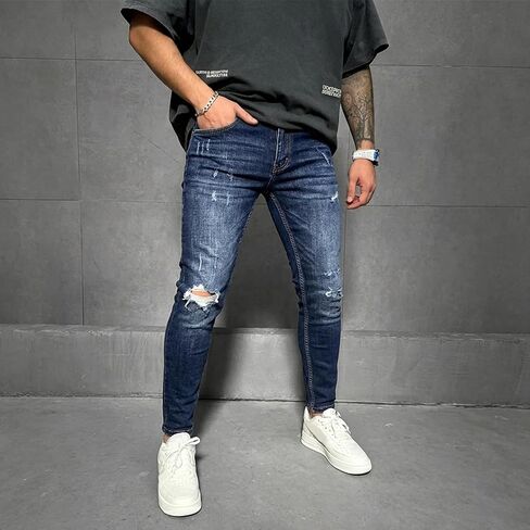 Men's Tapered Slim Fit Jeans, Distressed Stretch Denim for Casual and Work, Comfortable Material, Odor-Free in Kuwait